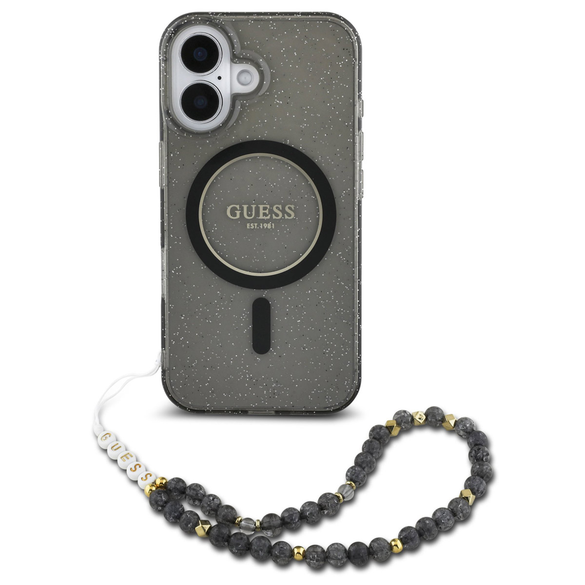 MagSafe Hülle für Apple iPhone 16, Guess, IML Glitter mit Perlenband, Schwarz