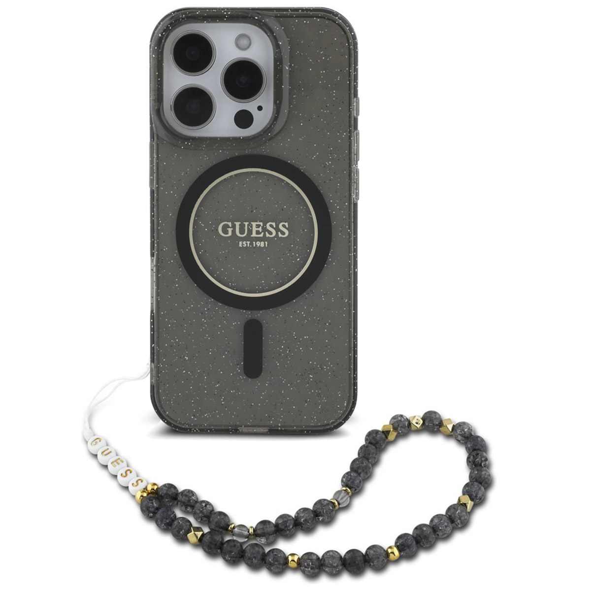 Guess MagSafe IML Glitter Case mit Beads Strap für das Apple iPhone 16 Pro - Schwarz