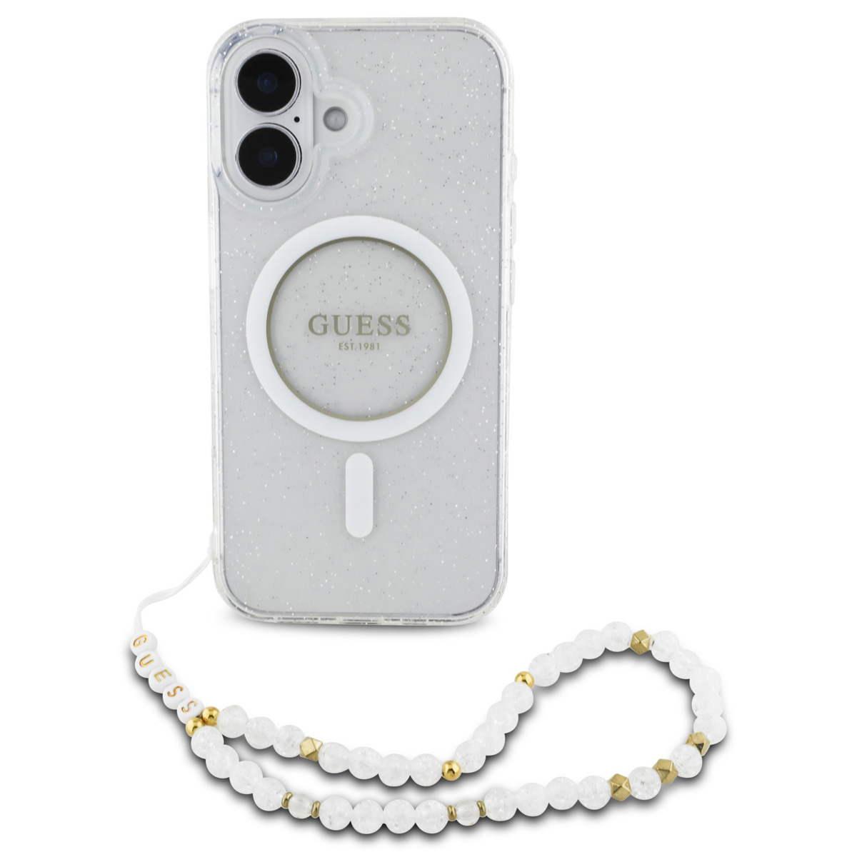 MagSafe Hülle für Apple iPhone 16, Guess, IML Glitter mit Perlenband, Transparent