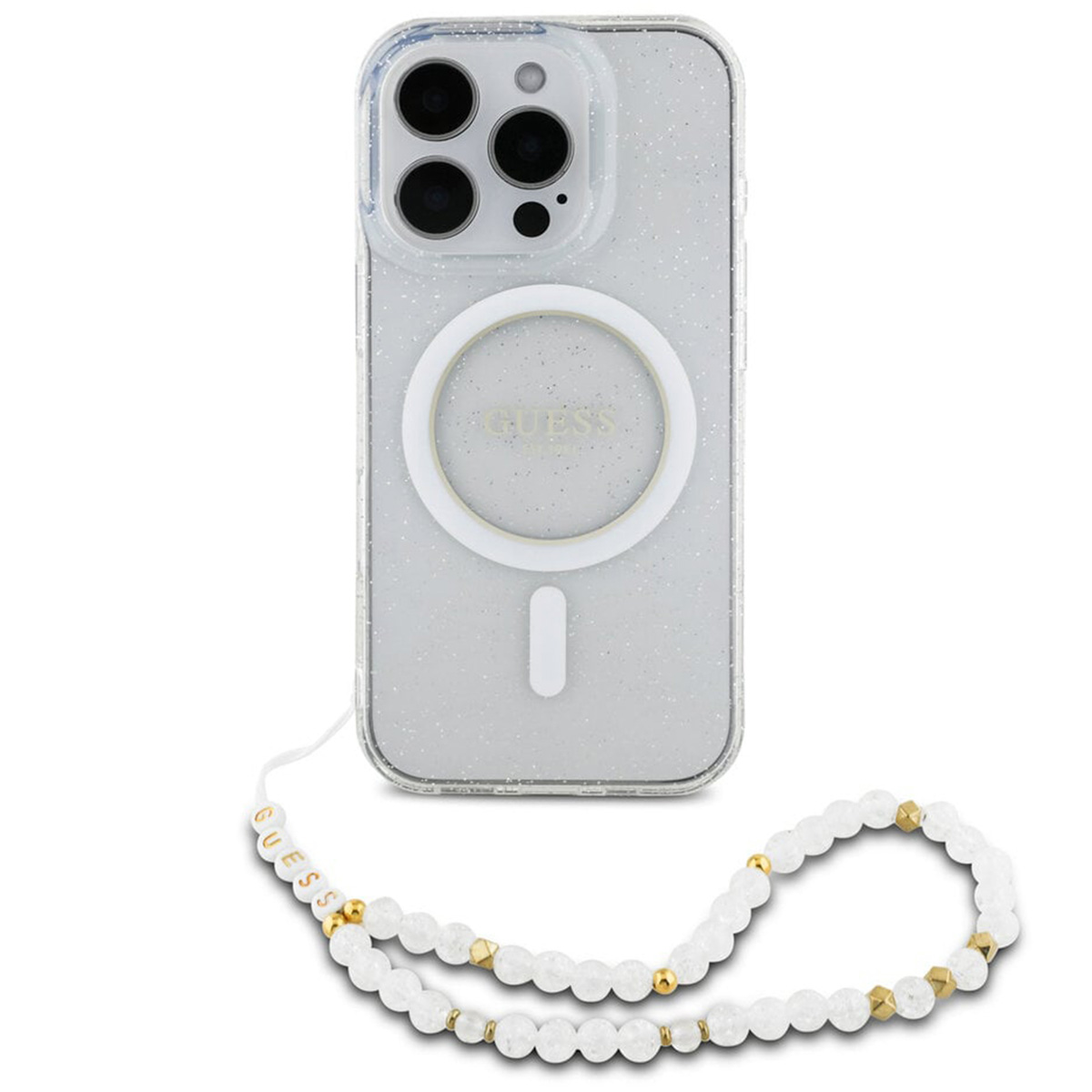 Guess MagSafe IML Glitter Case mit Beads Strap für das Apple iPhone 16 Pro - Transparent