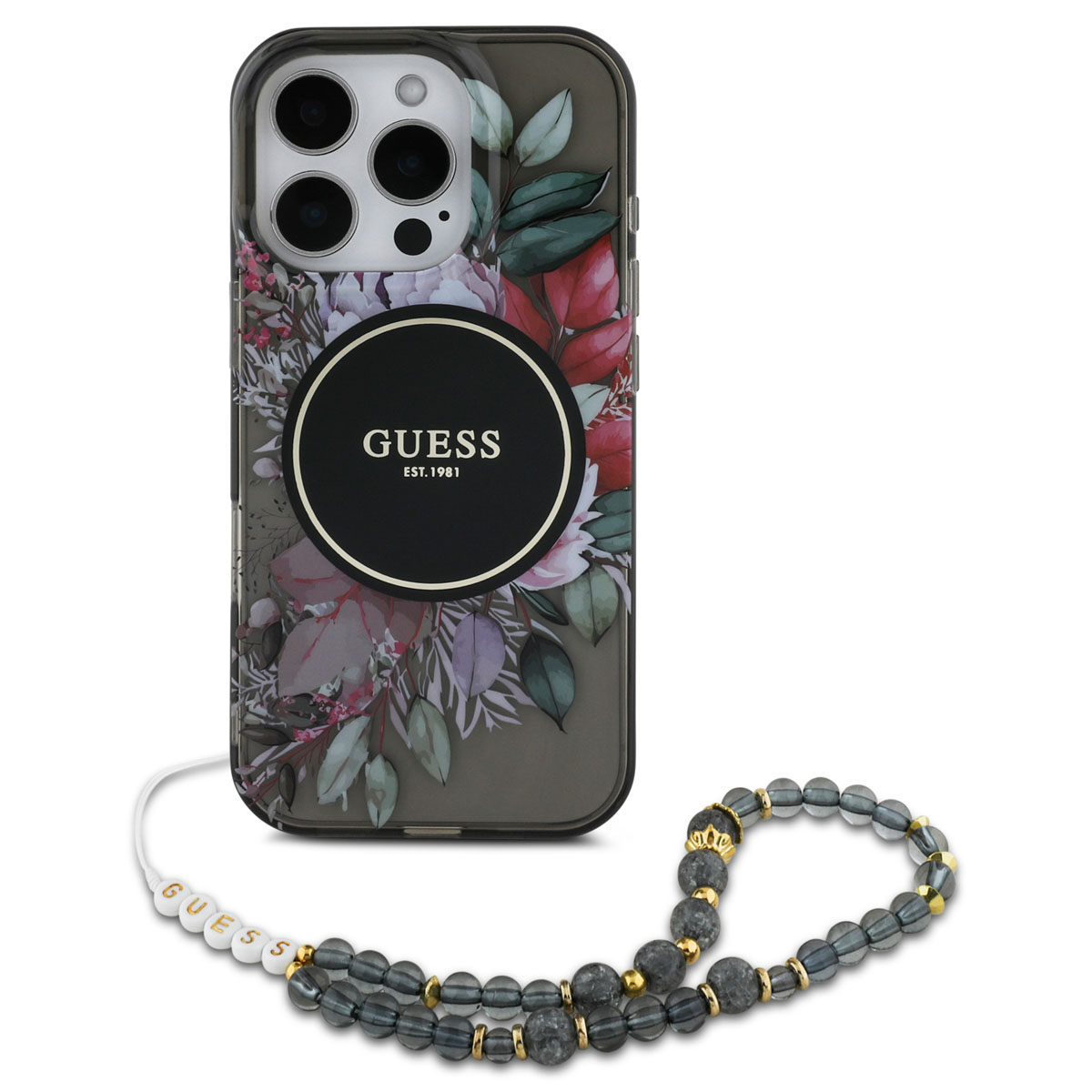 Guess MagSafe IML Flowers Case mit Beads Strap für das Apple iPhone 16 Pro - Schwarz