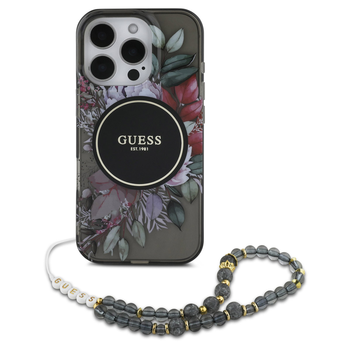 Guess MagSafe IML Flowers Case mit Beads Strap für das Apple iPhone 16 Pro Max - Schwarz