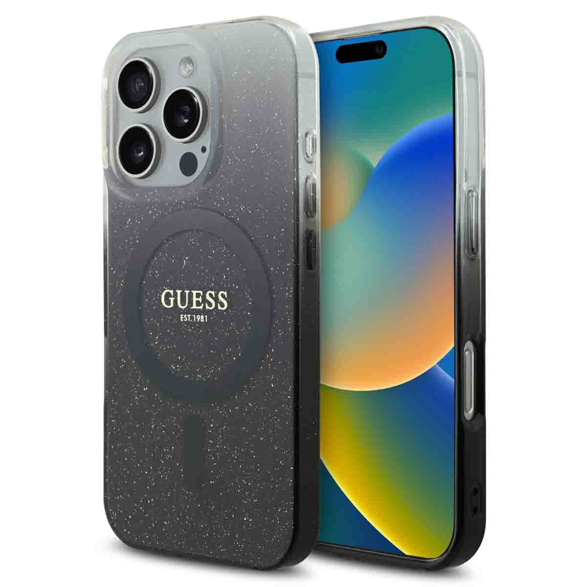 Guess MagSafe IML Glitter Gradient Case für das Apple iPhone 16 Pro Max - Schwarz