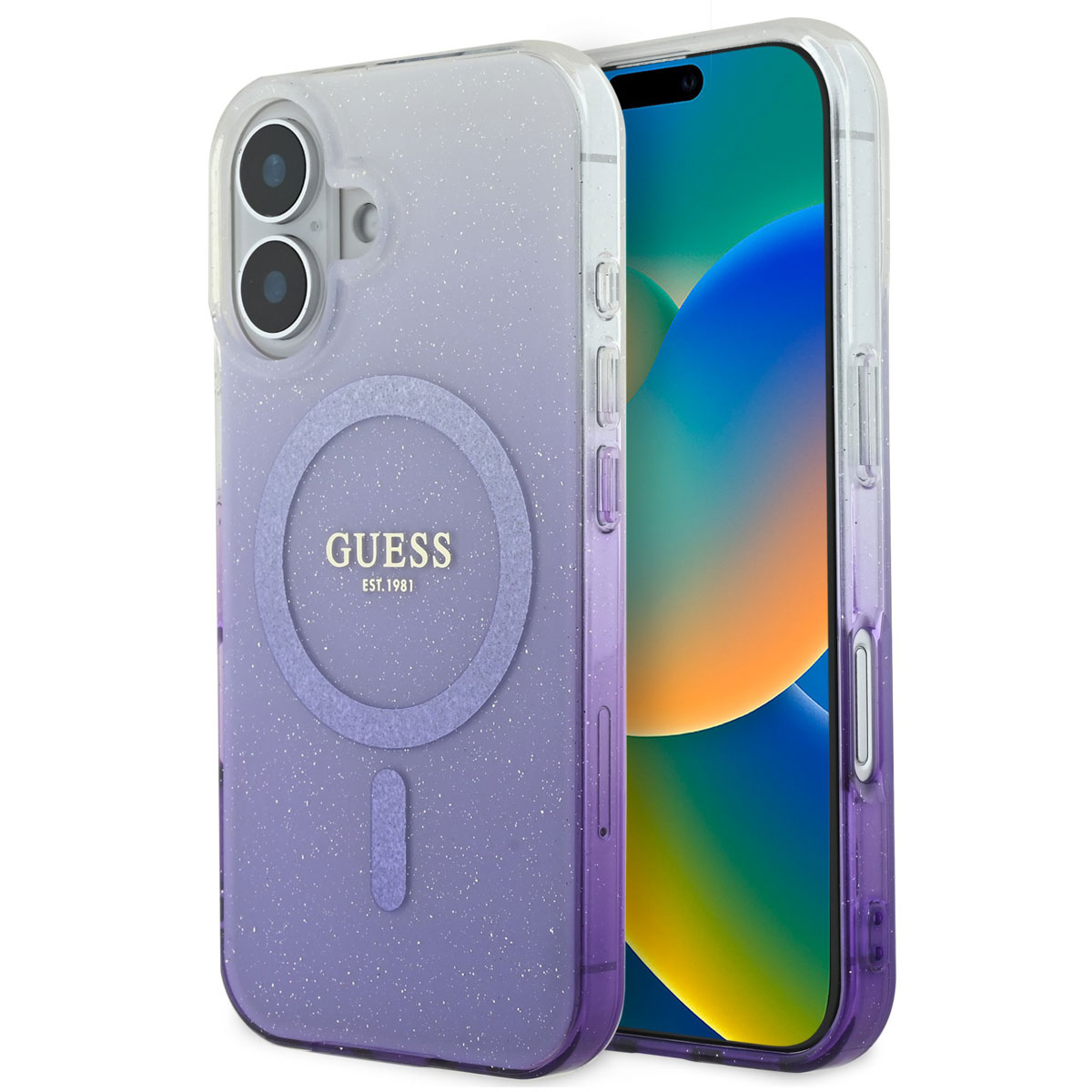 Guess MagSafe IML Glitter Gradient Case für das Apple iPhone 16 - Purple