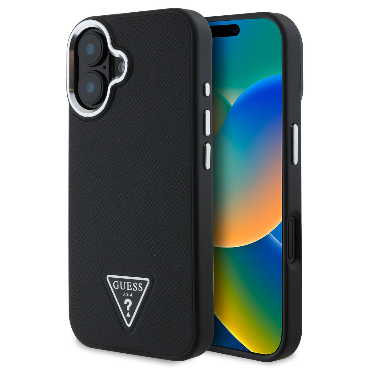 Guess Grained Triangle Case MagSafe für das Apple iPhone 16 - Schwarz