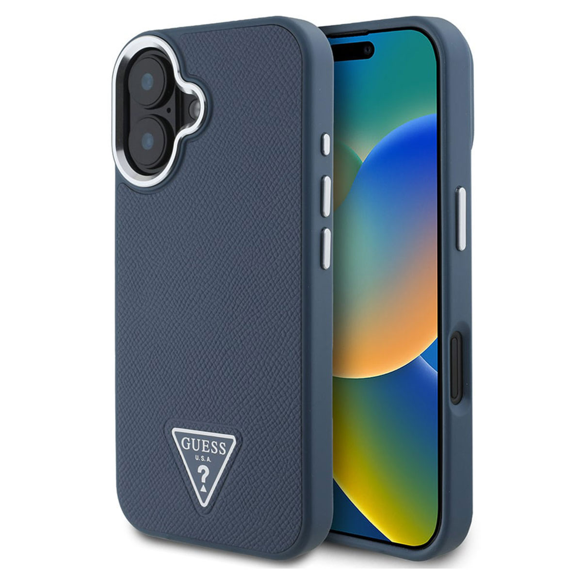 Guess Grained Triangle Case MagSafe für das Apple iPhone 16 - Blue