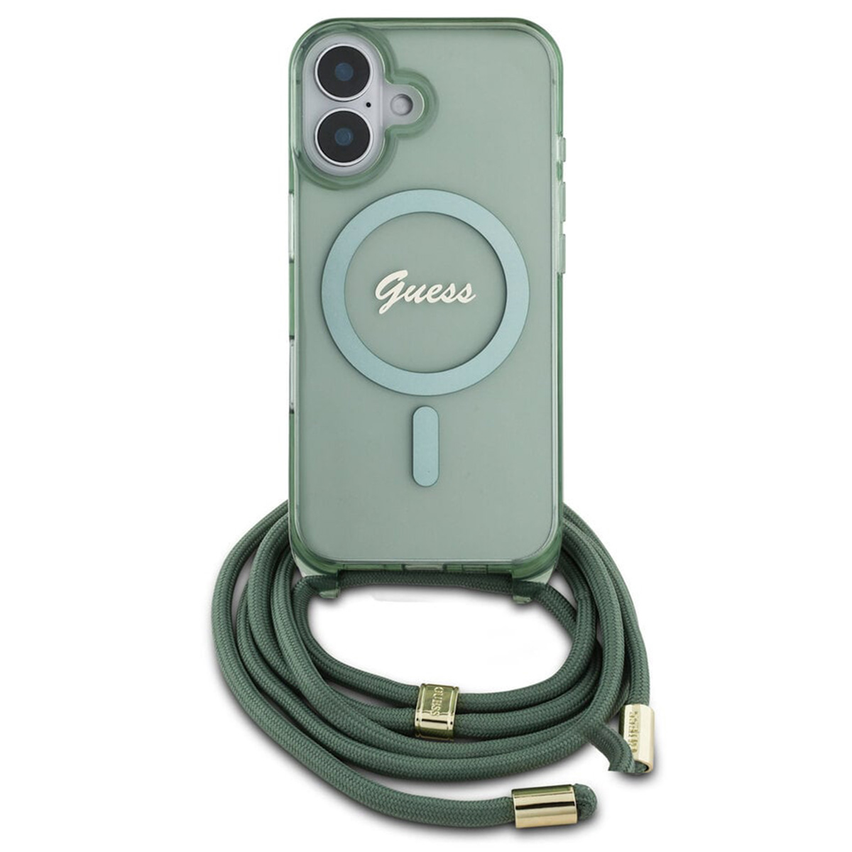 Guess MagSafe IML Back Cover mit crossbody cord für das Apple iPhone 16 - Grün