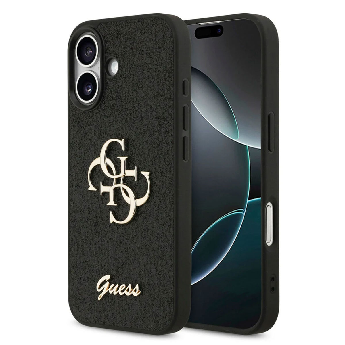 Guess 4G Metal Logo Back Cover mit Glitter für das Apple iPhone 17 - Schwarz