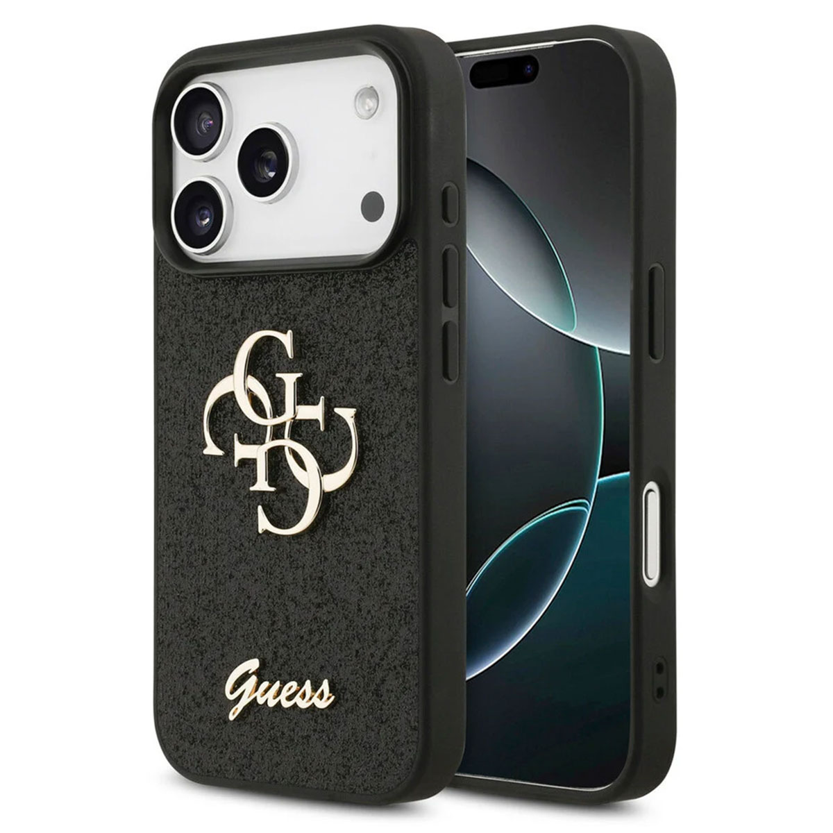 Guess 4G Metal Logo Back Cover mit Glitter für das Apple iPhone 17 Pro - Schwarz