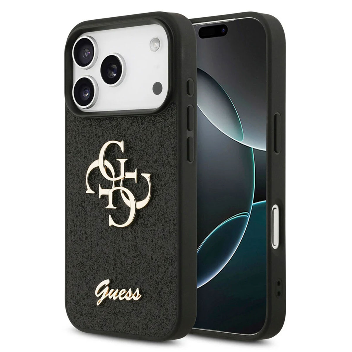 Guess 4G Metal Logo Back Cover mit Glitter für das Apple iPhone 17 Pro Max - Schwarz