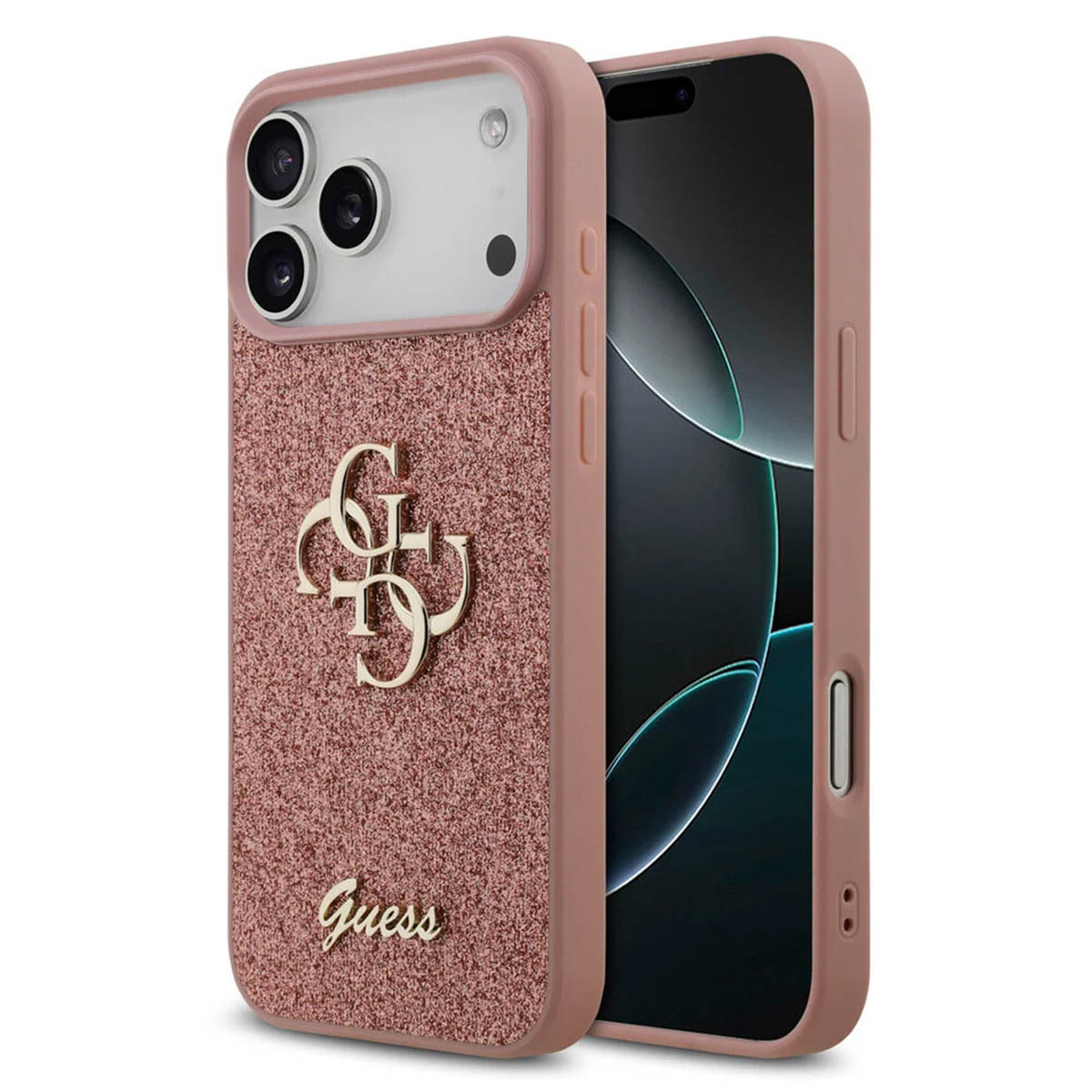 Guess 4G Metal Logo Back Cover mit Glitter für das Apple iPhone 17 Pro - Rosa