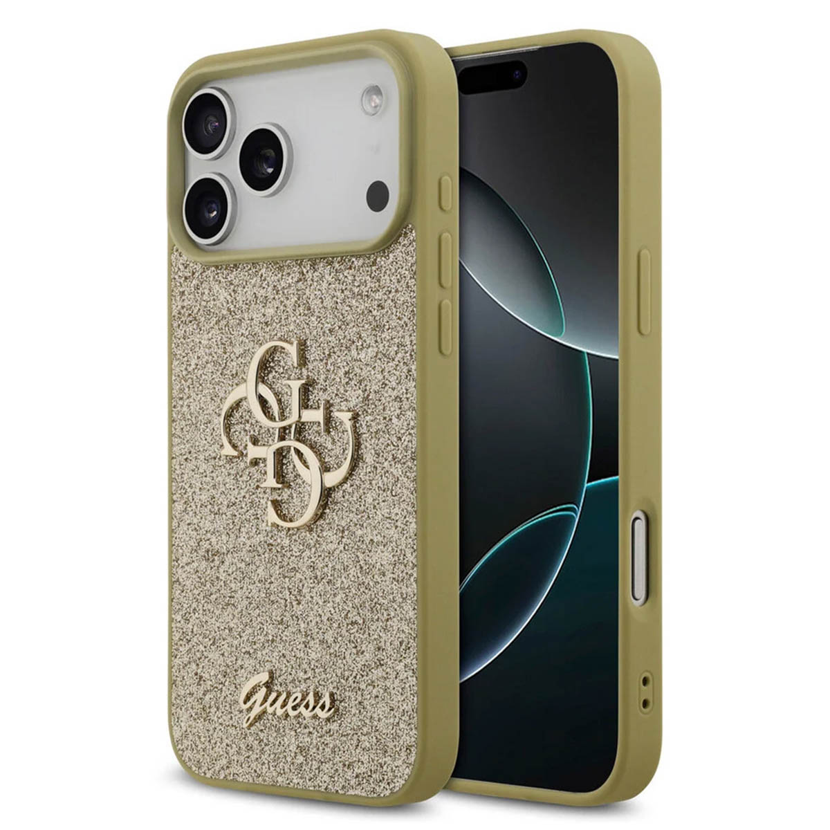 Guess 4G Metal Logo Back Cover mit Glitter für das Apple iPhone 17 Pro - Gold