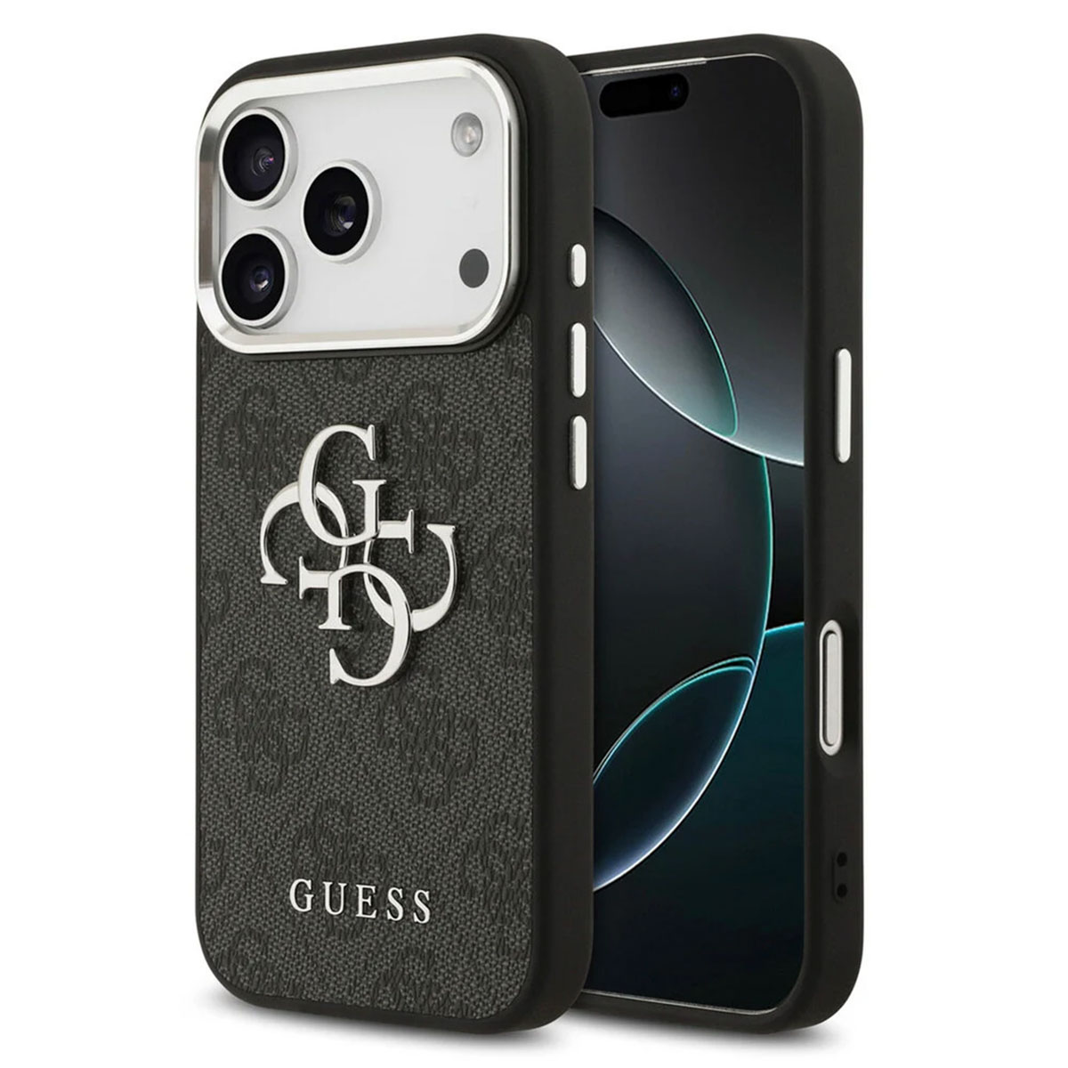 Guess 4G Metal Logo Back Cover für das Apple iPhone 17 Pro - Silver Edge - Black