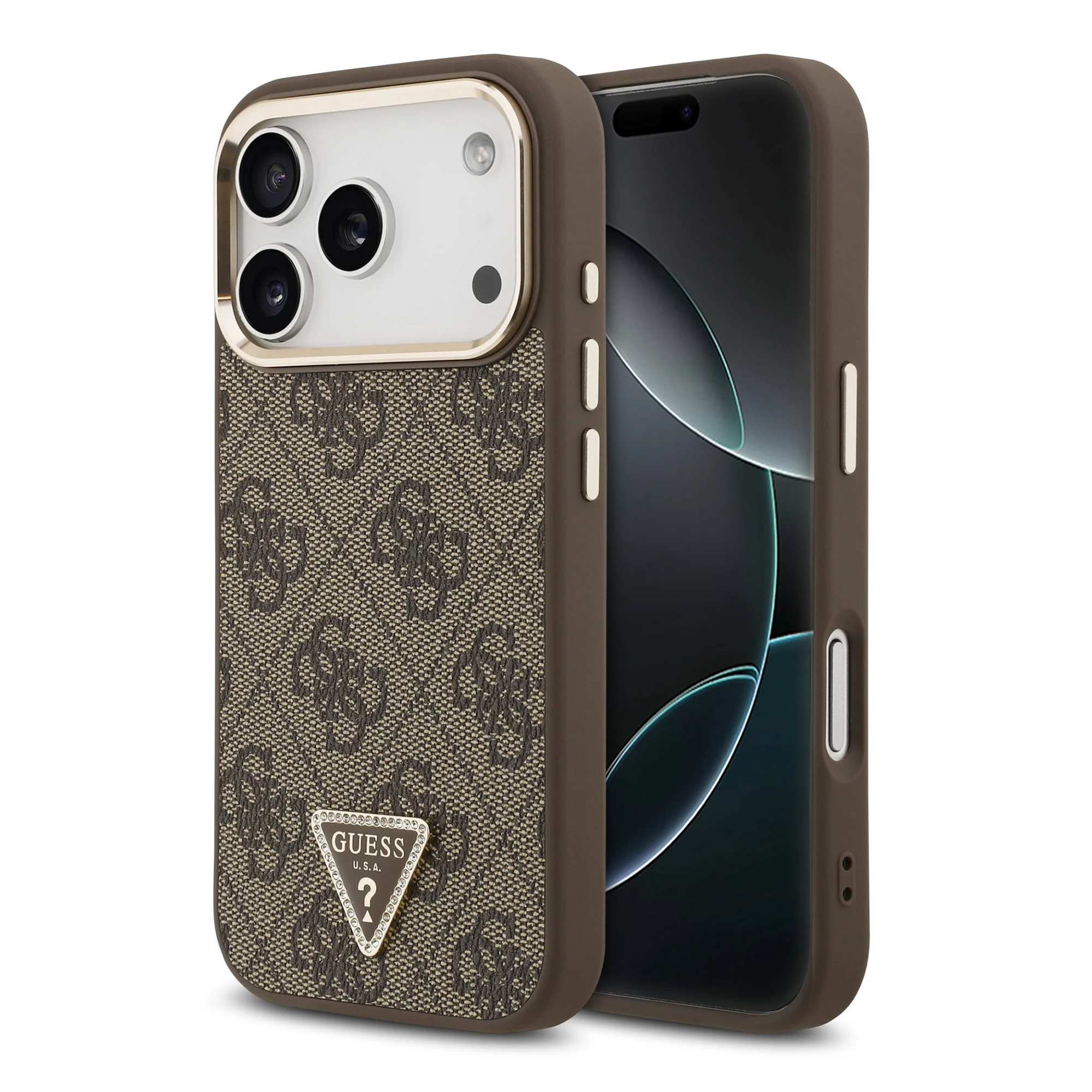 Guess Classic Triangle Logo Leather Back Cover mit MagSafe für das Apple iPhone 17 Pro - Braun