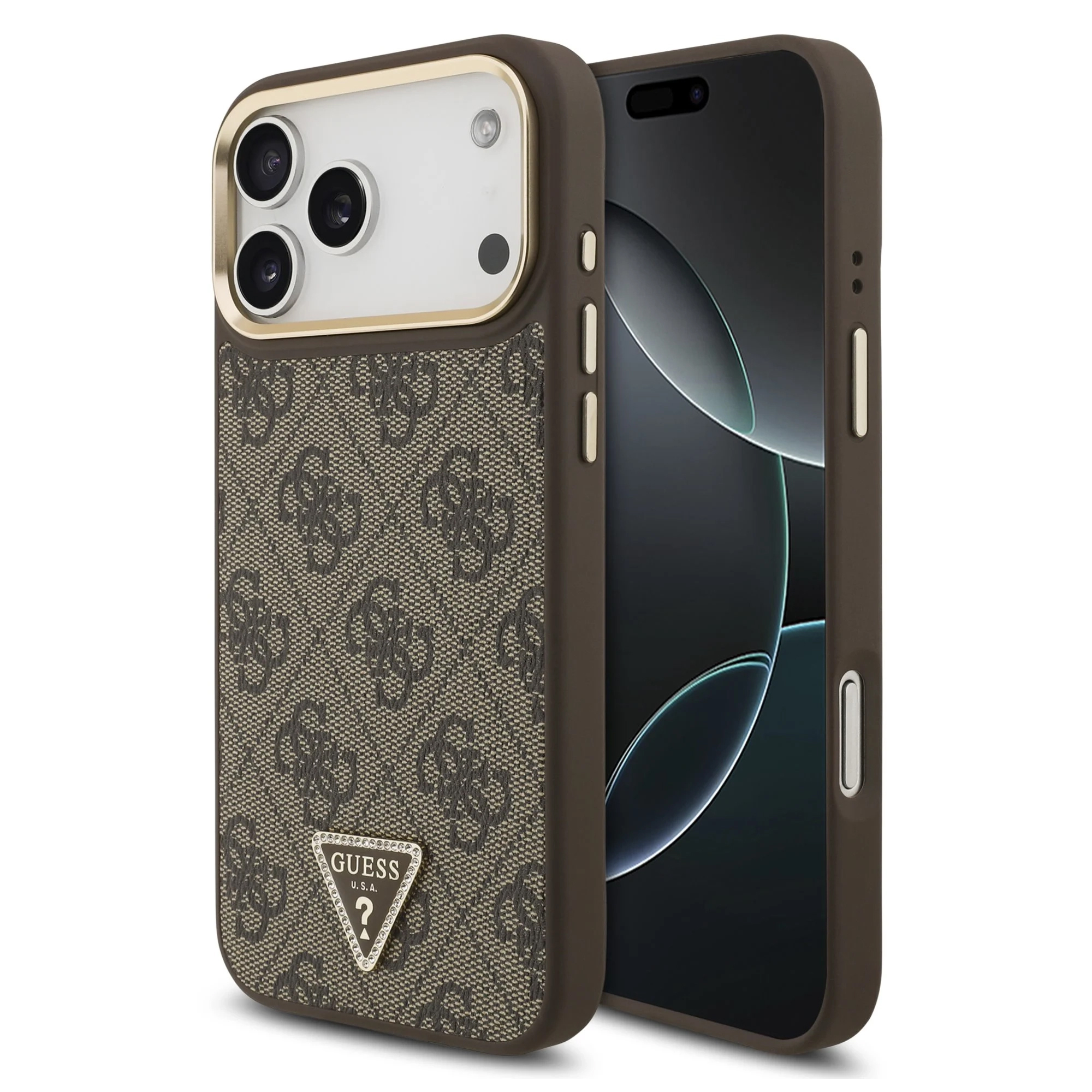 Guess Classic Triangle Logo Leather Back Cover mit MagSafe für das Apple iPhone 17 Pro Max - Braun