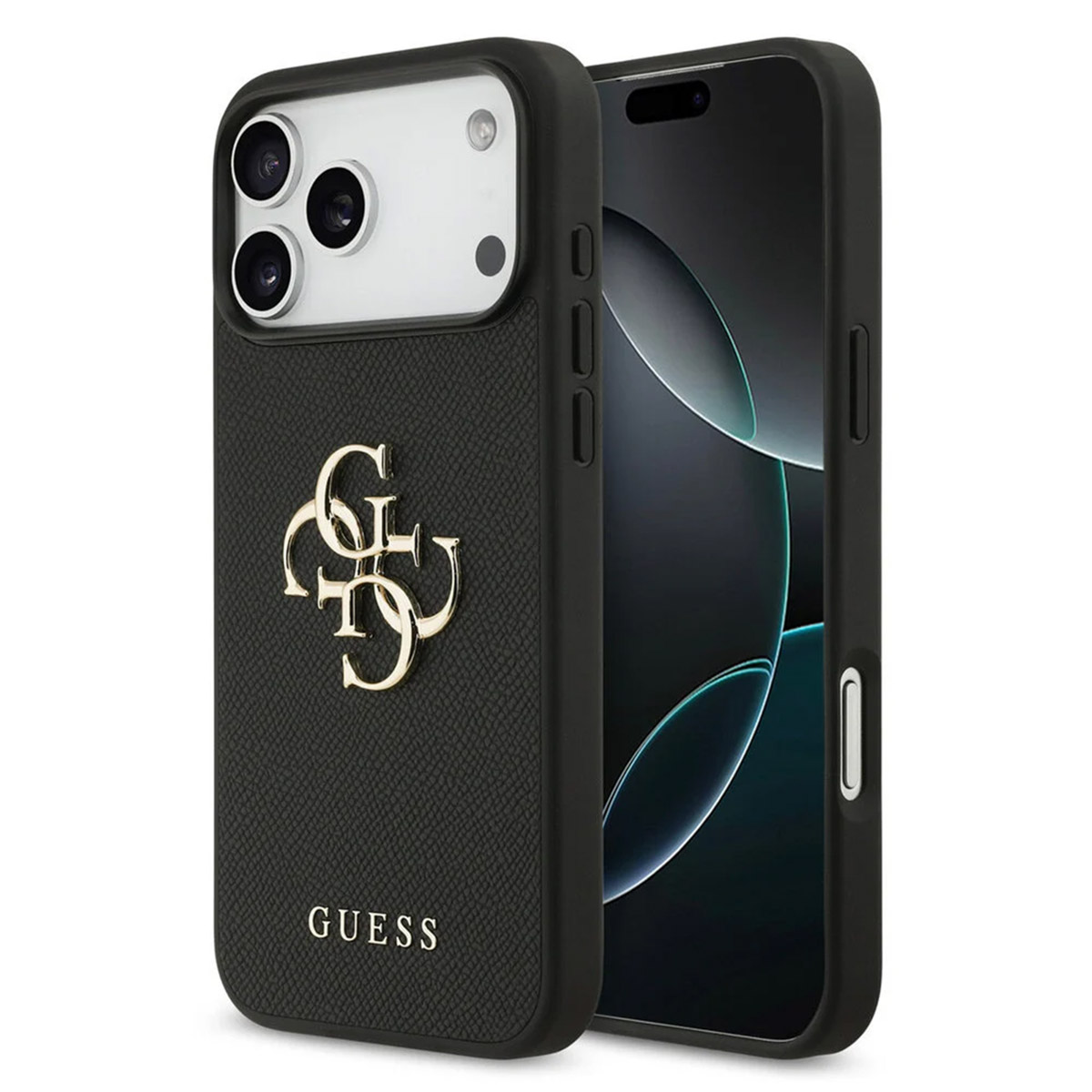 Hülle für Apple iPhone 17 Pro, Guess, 4G Grained Big and Classic Logo, Schwarz