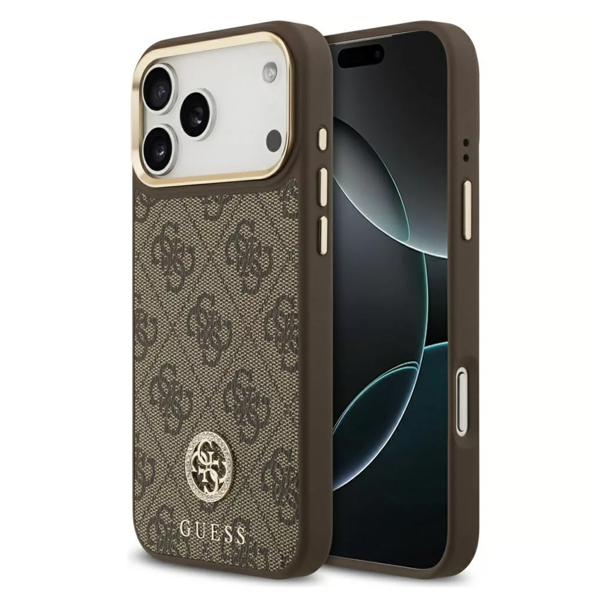 Guess Classic Strass Logo Leather Back Cover mit MagSafe für das Apple iPhone 17 Pro Max - Braun