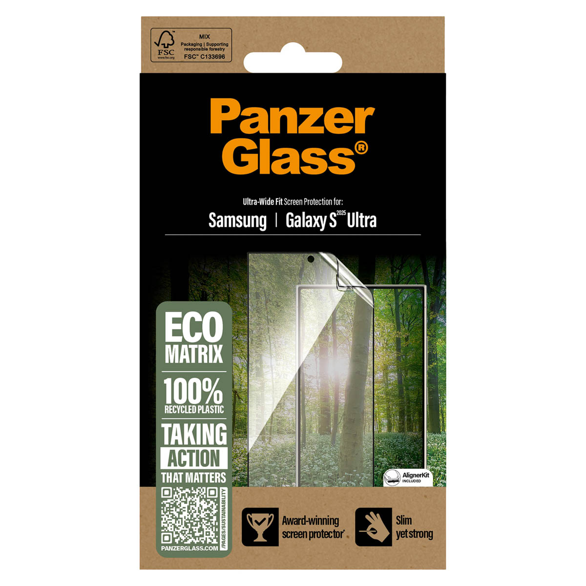 PanzerGlass Ultra Wide Fit Recycelter Antibakterieller Screen Protector Matrix inkl. Applikator für das Samsung Galaxy S25 Ultra
