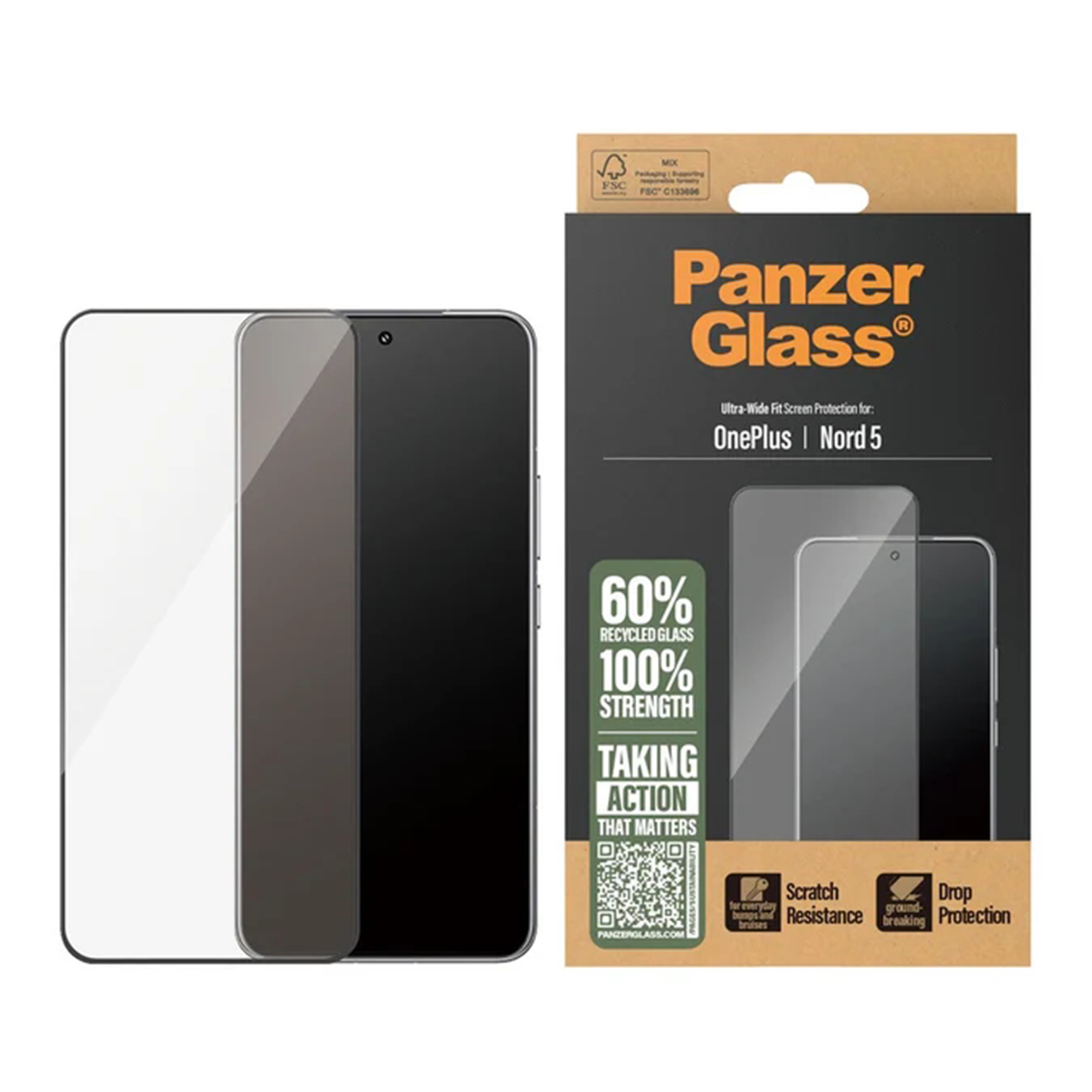 PanzerGlass Ultra-Wide Fit Antibakterieller Displayschutz mit Applikator für das OnePlus Nord 5