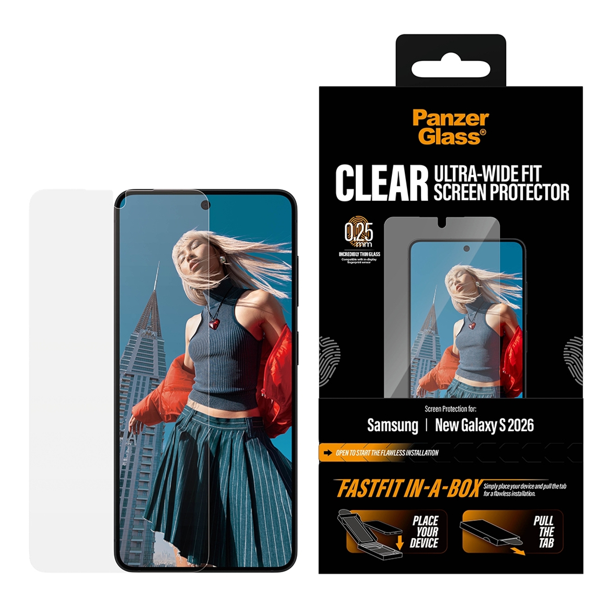 PanzerGlass Ultra Wide Fit FastFit in-a-box Screen Protector für das Samsung Galaxy S26