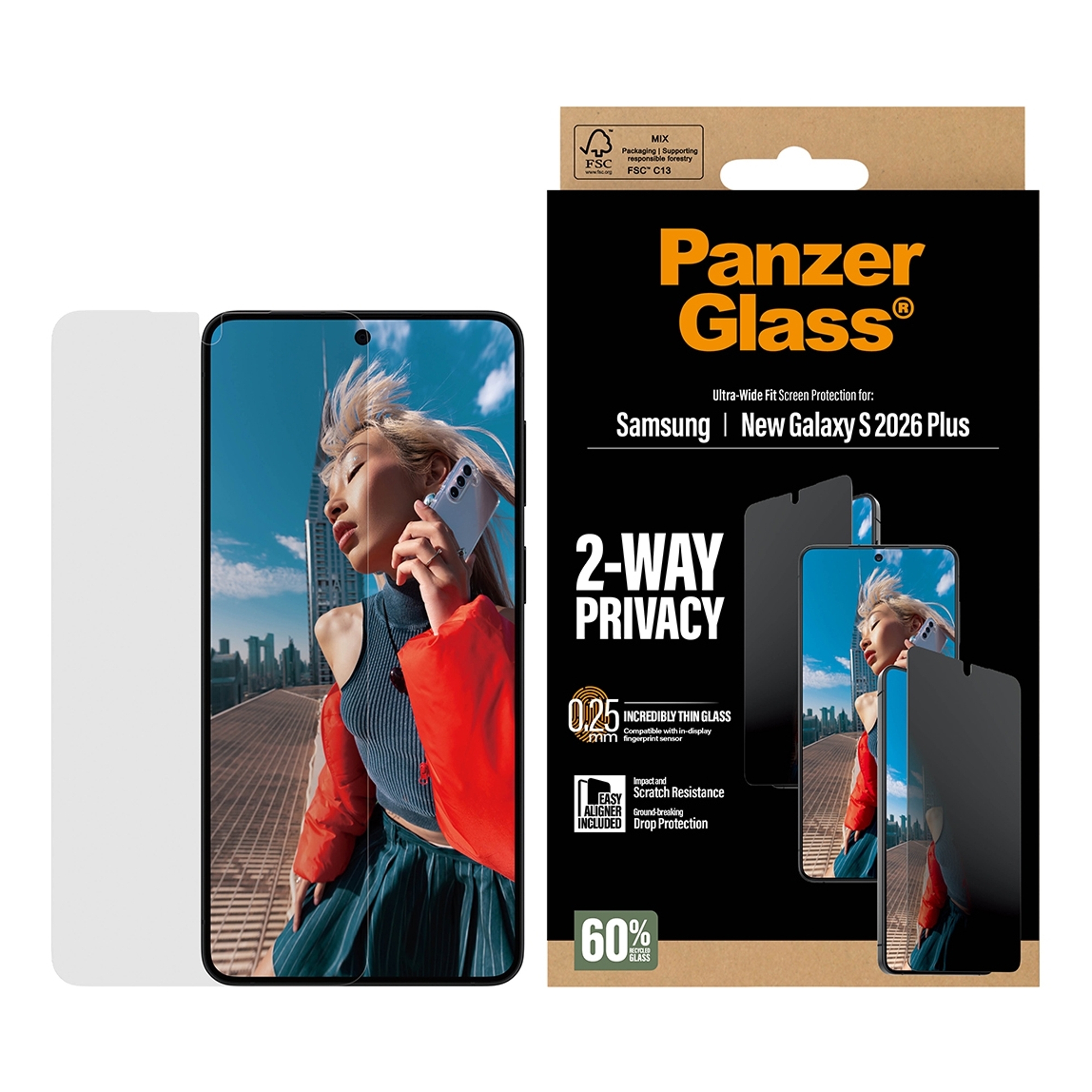 PanzerGlass Ultra Wide Fit Antibakterieller Screen Protector mit Sichtschutz inkl. Applikator für das Samsung Galaxy S26 Plus