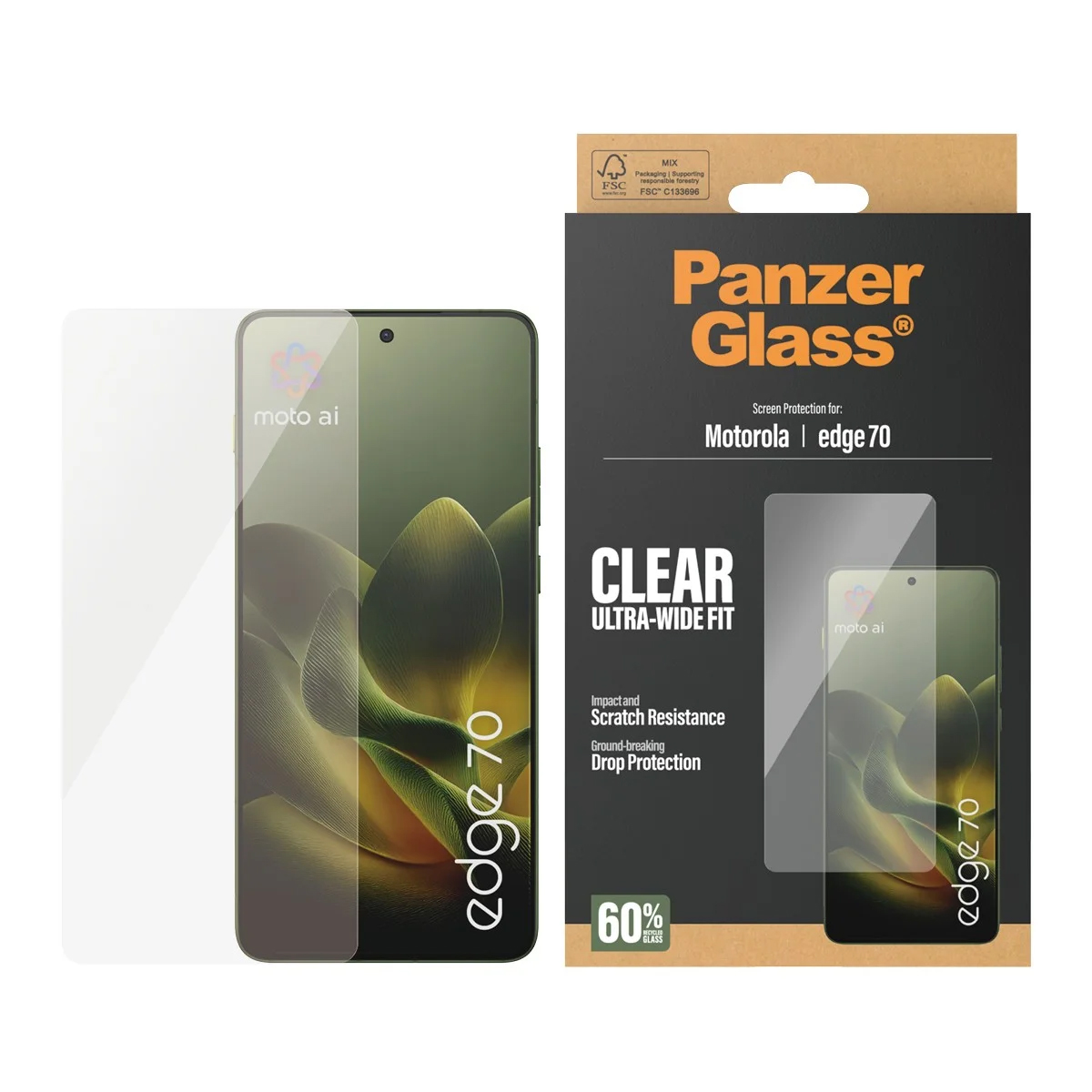 PanzerGlass Ultra-Wide Fit Antibakterieller Displayschutz mit Applikator für das Motorola Edge 70