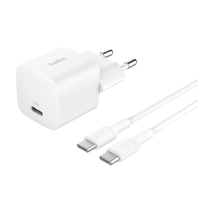 Belkin BoostCharge Kompakte USB-C-Ladegerät 25W mit USB-C-auf-USB-C-Kabel - 1 Meter - Weiß