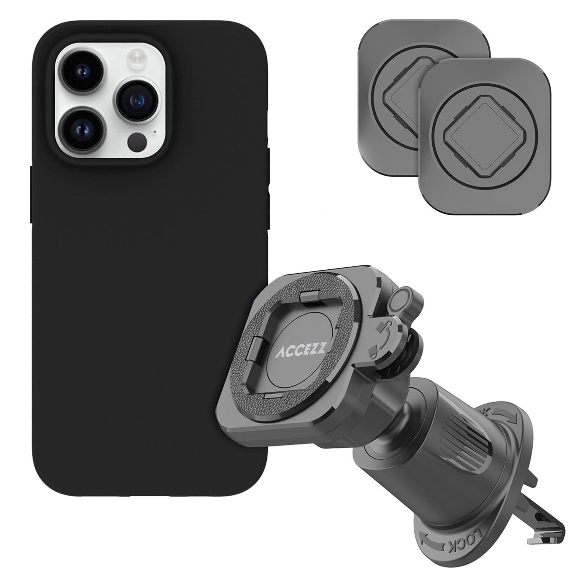 Accezz EasyLock Handyhalterung Auto - Inklusive Hülle für das Apple iPhone 14 Pro - Lüftungsgitter - 360 Grad drehbar - Schwarz