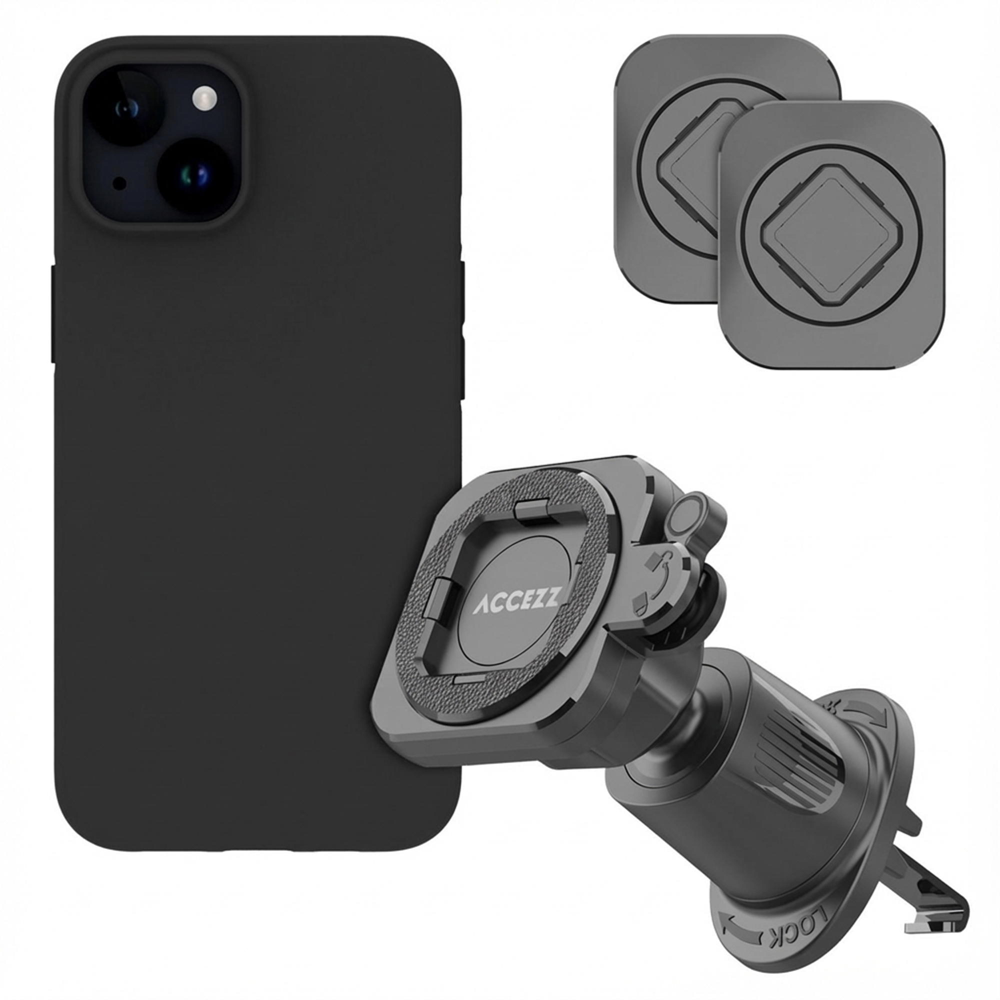 Accezz EasyLock Handyhalterung Auto - Inklusive Hülle für das Apple iPhone 15 - Lüftungsgitter - 360 Grad drehbar - Schwarz
