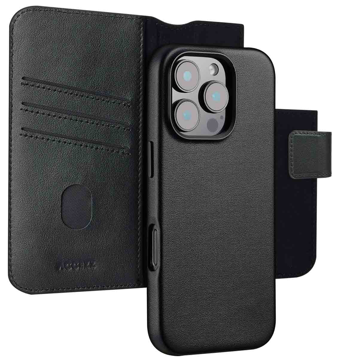 Accezz 2-in-1 Klapphülle aus Leder mit MagSafe für das Apple iPhone 16 Pro - Onyx Black