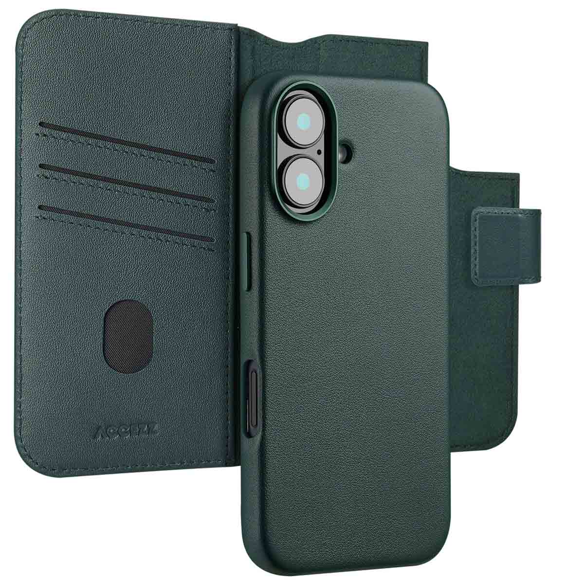 Accezz 2-in-1 Klapphülle aus Leder mit MagSafe für das Apple iPhone 16 - Cedar Green