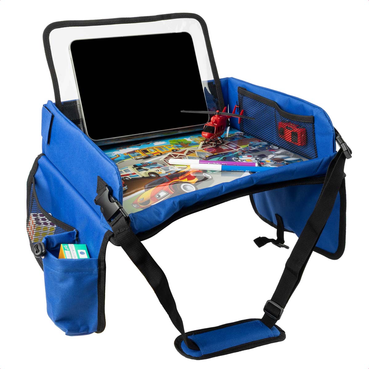 imoshion Reisetisch - Tablethalter Auto - 7 Aufbewahrungsfächer - Inklusive 2 Malvorlagen - Blau