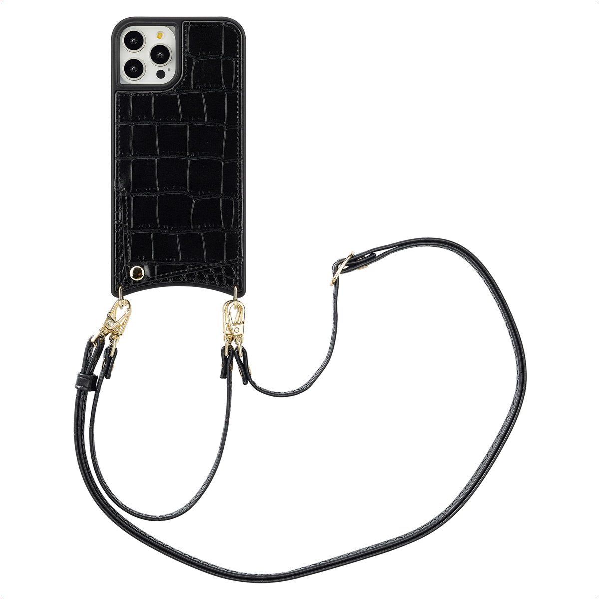 Selencia Nova Croco HandyHülle mit Kordel und Kartenhalter für das Apple iPhone 12 (Pro) - Schwarz