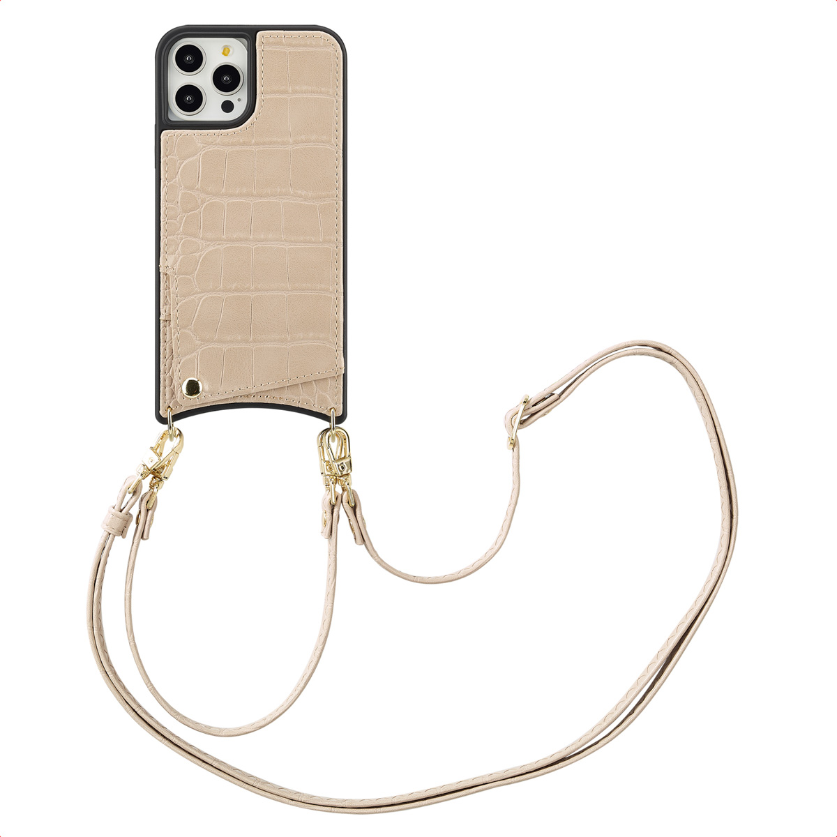 Selencia Nova Croco HandyHülle mit Kordel und Kartenhalter für das Apple iPhone 12 (Pro) - Beige
