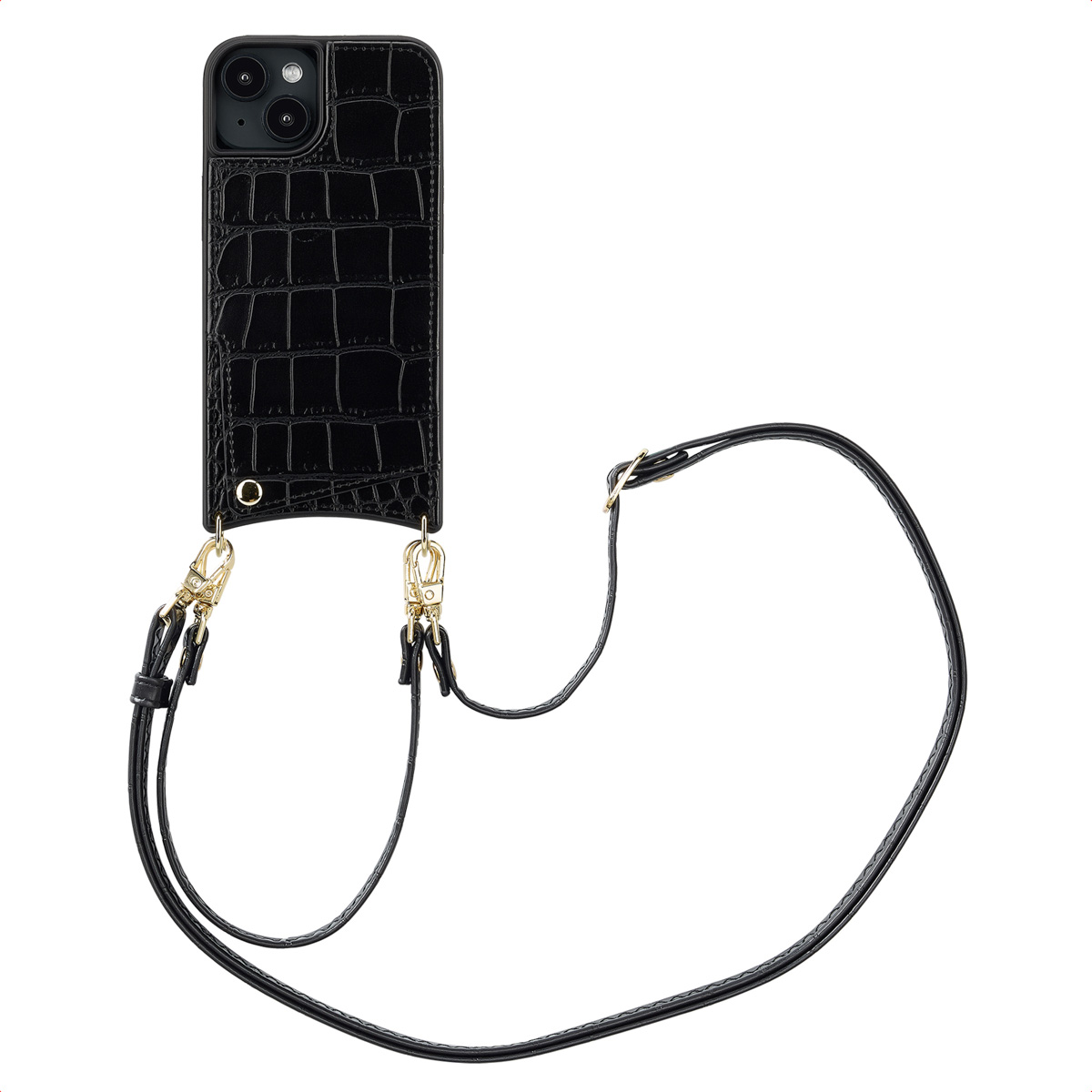 Selencia Nova Croco HandyHülle mit Kordel und Kartenhalter für das Apple iPhone 14 / 13 - Schwarz