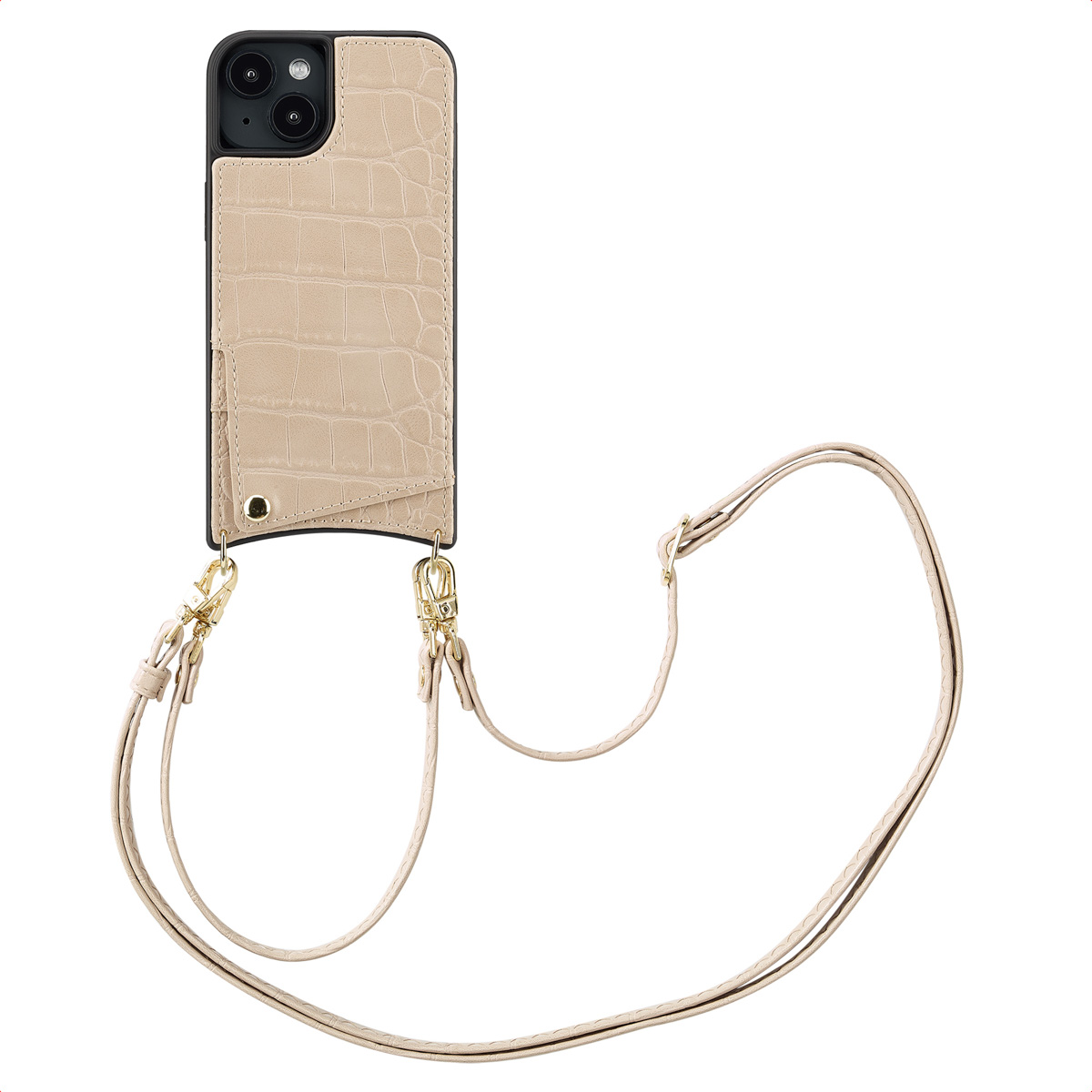 Selencia Nova Croco HandyHülle mit Kordel und Kartenhalter für das Apple iPhone 14 / 13 - Beige