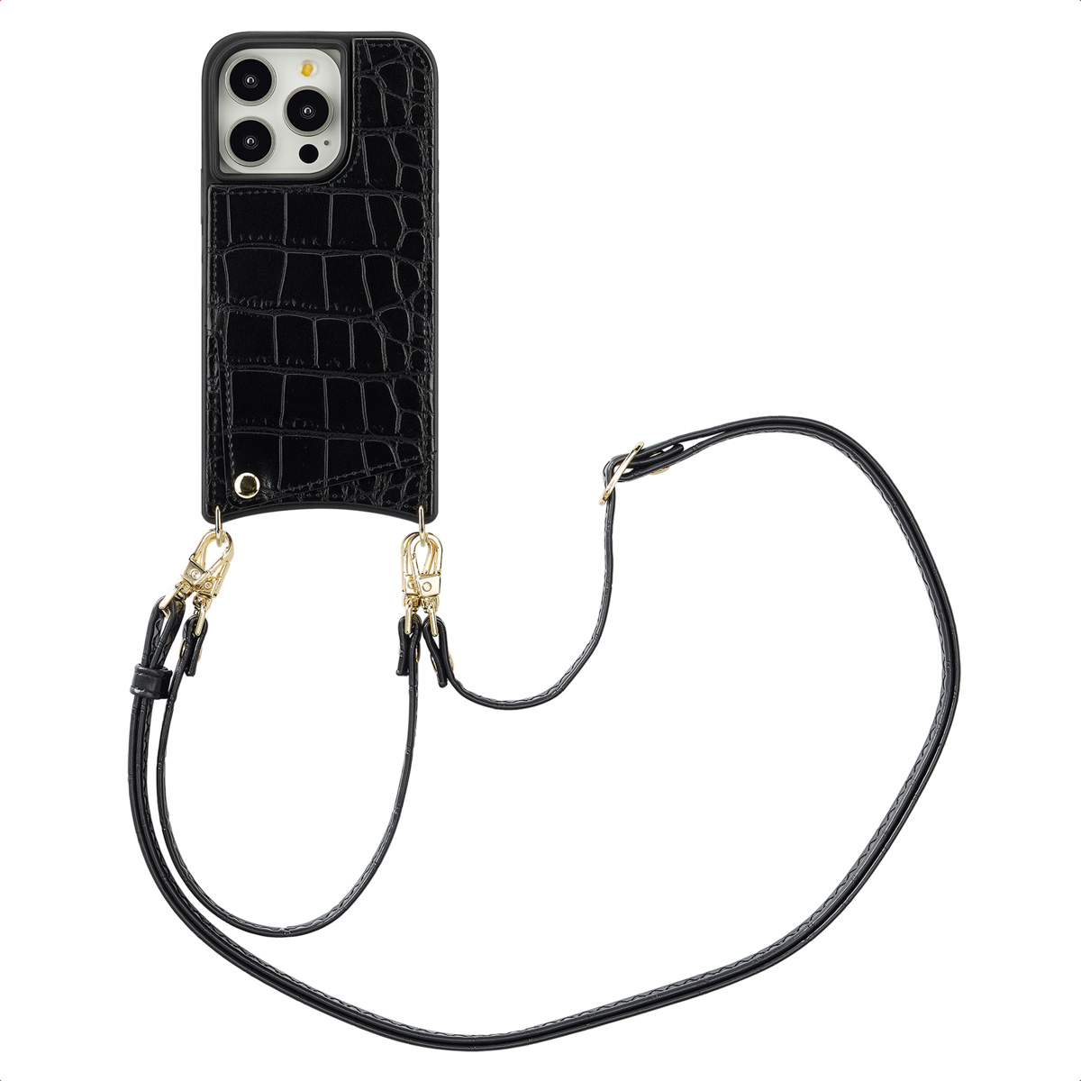 Selencia Nova Croco HandyHülle mit Kordel und Kartenhalter für das Apple iPhone 14 Pro - Schwarz