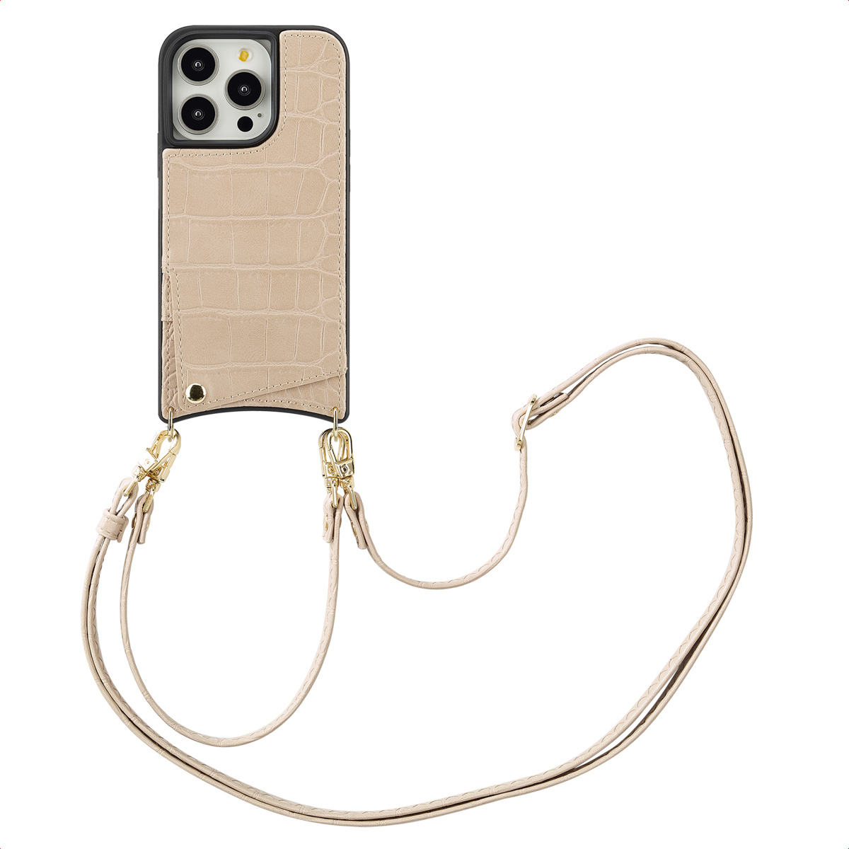 Selencia Nova Croco HandyHülle mit Kordel und Kartenhalter für das Apple iPhone 14 Pro - Beige