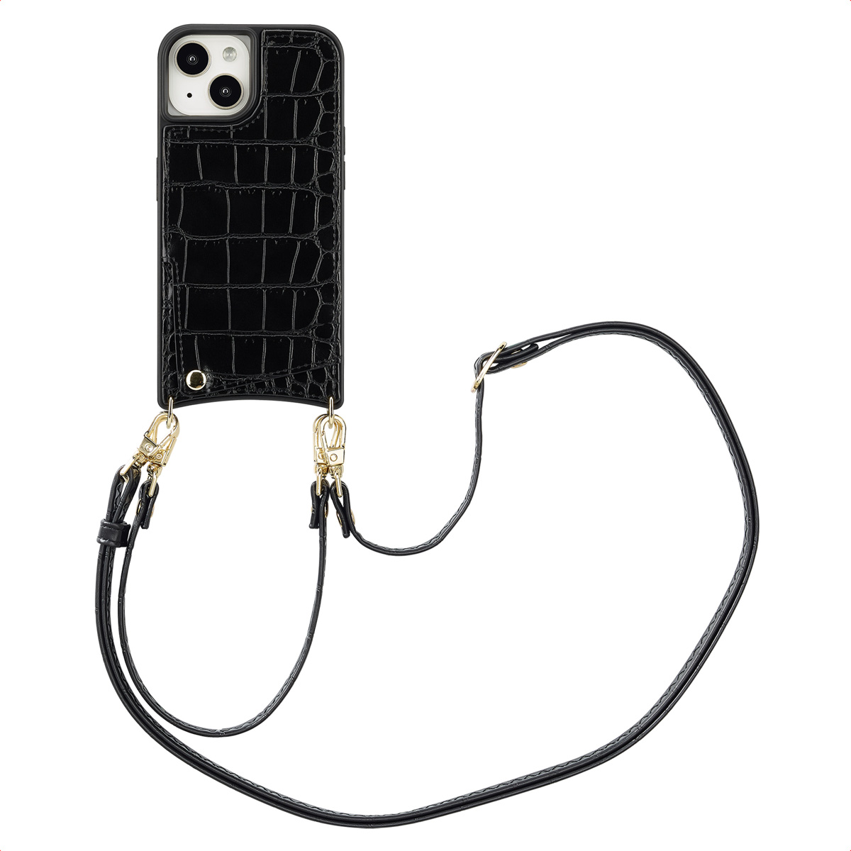 Selencia Nova Croco HandyHülle mit Kordel und Kartenhalter für das Apple iPhone 15 - Schwarz