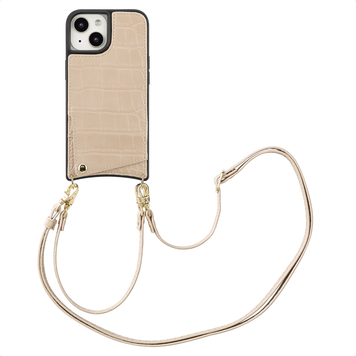 Selencia Nova Croco HandyHülle mit Kordel und Kartenhalter für das Apple iPhone 15 - Beige