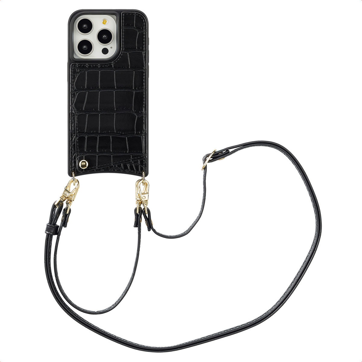Selencia Nova Croco HandyHülle mit Kordel und Kartenhalter für das Apple iPhone 15 Pro - Schwarz