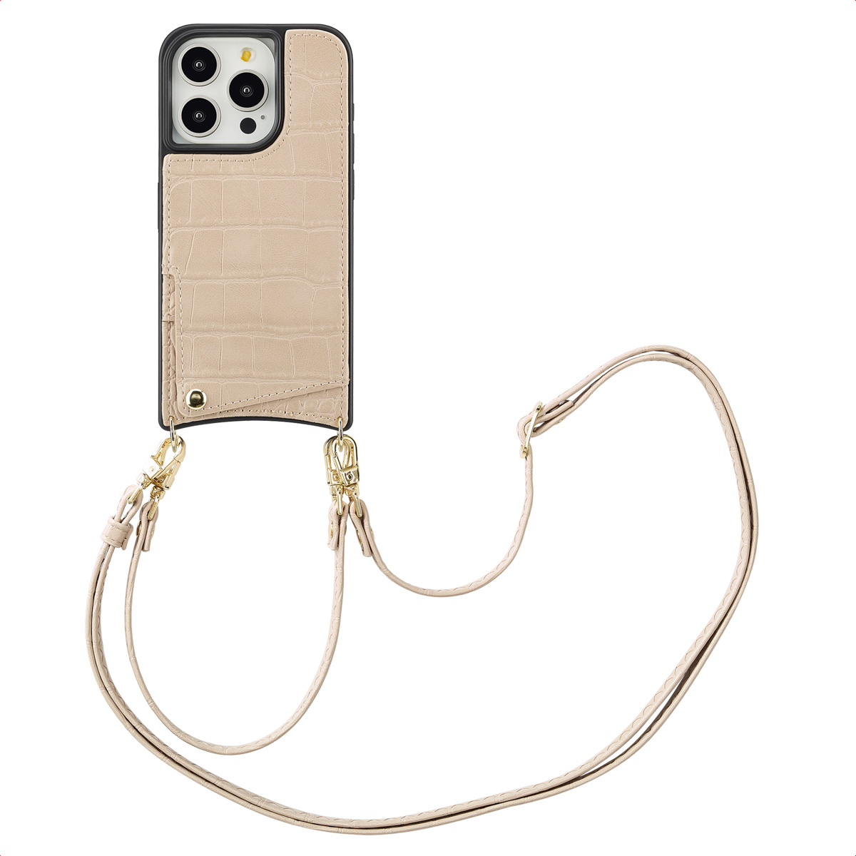 Selencia Nova Croco HandyHülle mit Kordel und Kartenhalter für das Apple iPhone 15 Pro - Beige