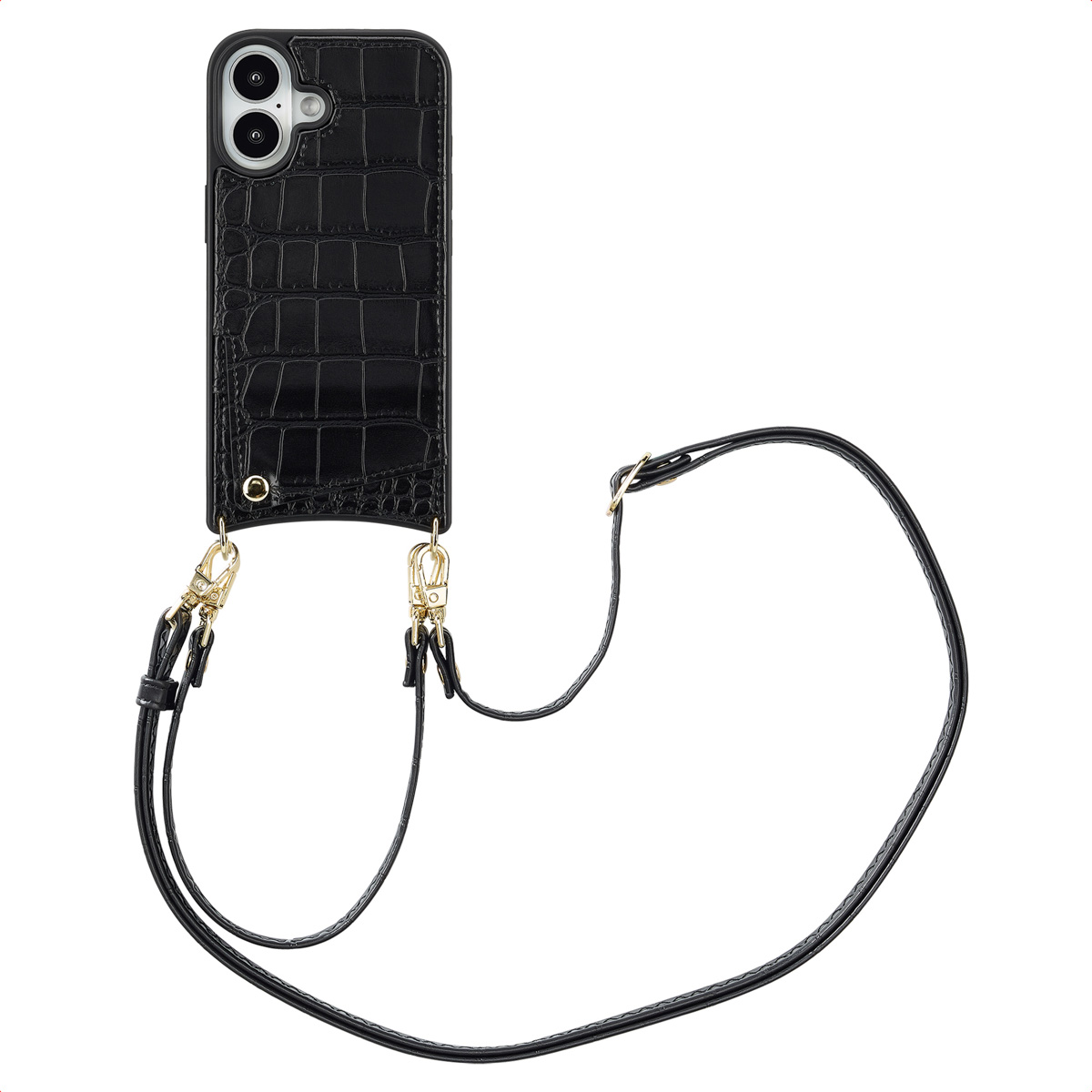 Selencia Nova Croco HandyHülle mit Kordel und Kartenhalter für das Apple iPhone 16 - Schwarz