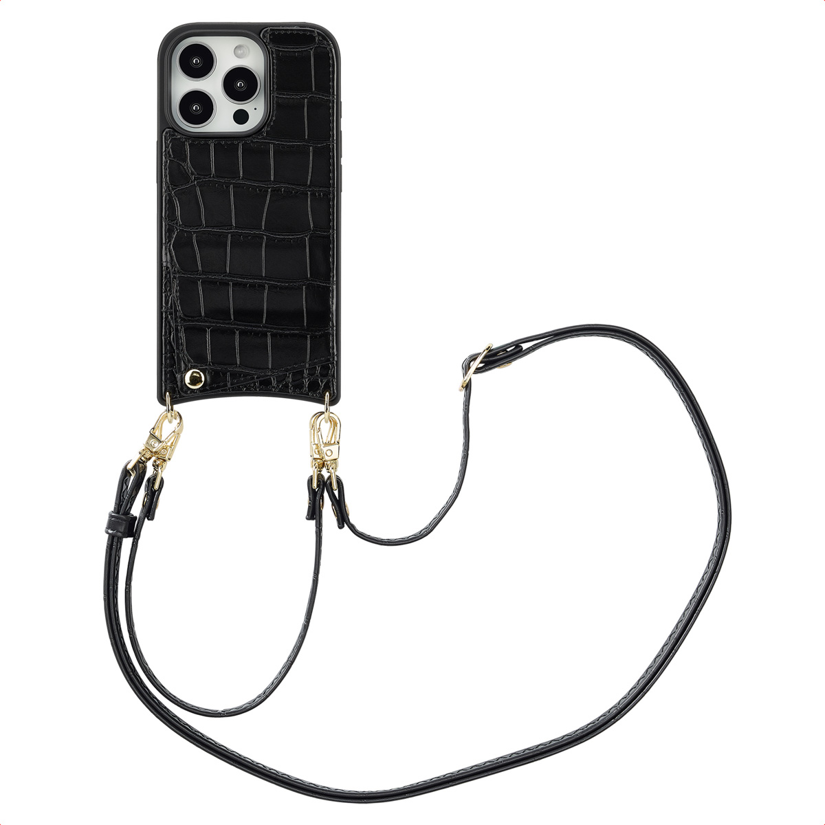 Selencia Nova Croco HandyHülle mit Kordel und Kartenhalter für das Apple iPhone 16 Pro - Schwarz