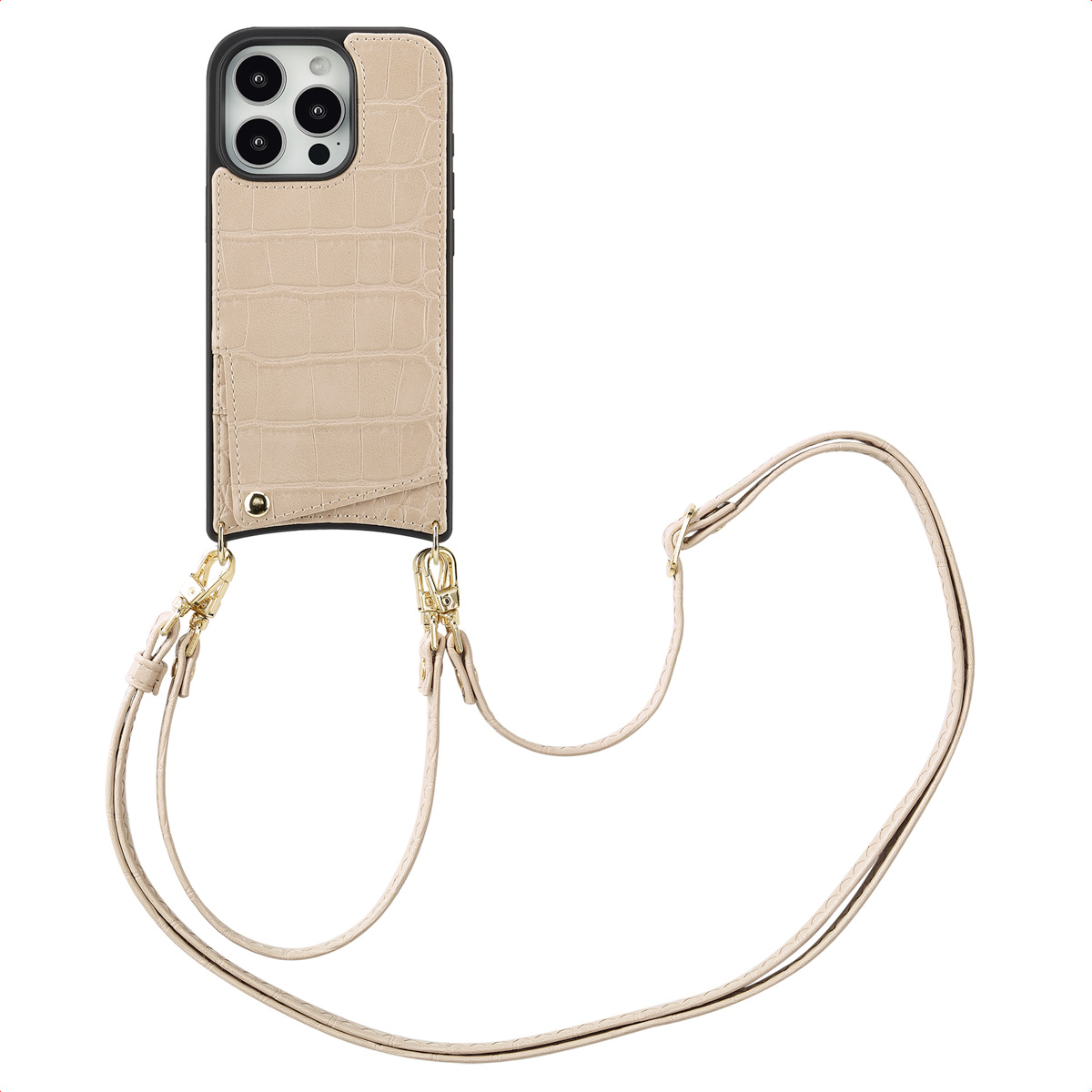 Selencia Nova Croco HandyHülle mit Kordel und Kartenhalter für das Apple iPhone 16 Pro - Beige