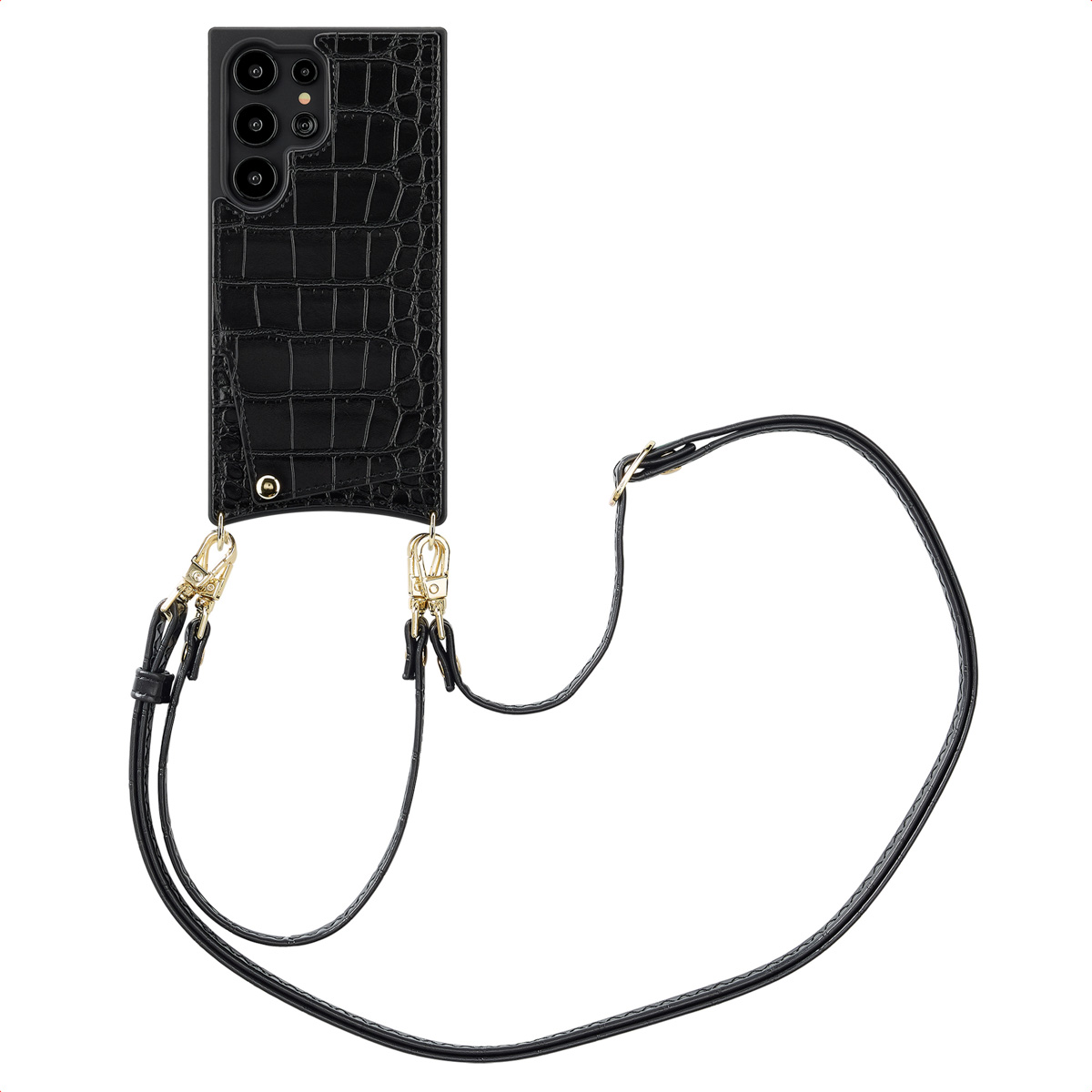 Selencia Nova Croco HandyHülle mit Kordel und Kartenhalter für das Samsung Galaxy S24 Ultra - Schwarz