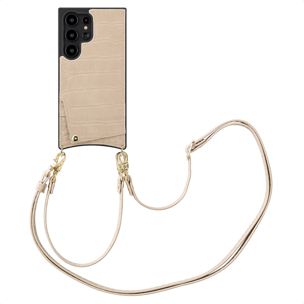 Selencia Nova Croco HandyHülle mit Kordel und Kartenhalter für das Samsung Galaxy S24 Ultra - Beige