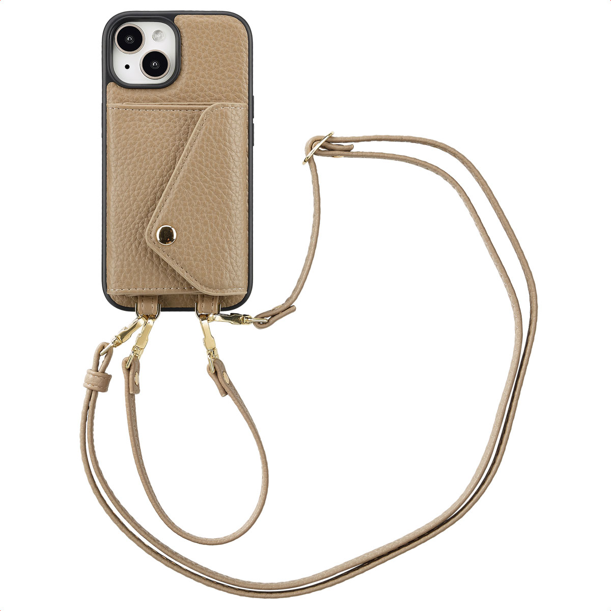 Selencia Sera HandyHülle mit Kordel und Umschlag-Kartenhalter für das Apple iPhone 15 - Taupe