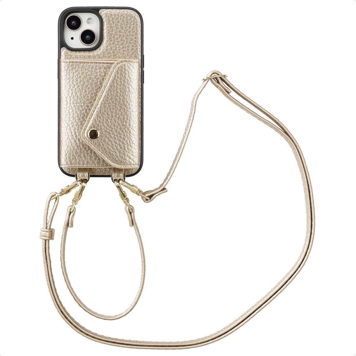 Selencia Sera HandyHülle mit Kordel und Umschlag-Kartenhalter für das Apple iPhone 15 - Champagne