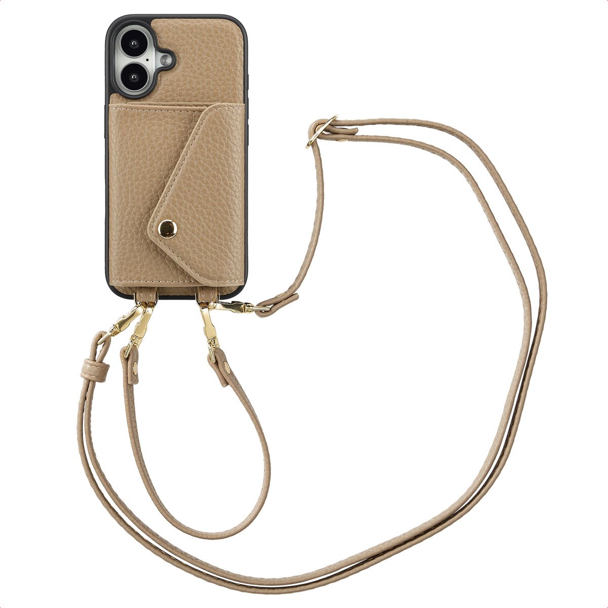 Selencia Sera HandyHülle mit Kordel und Umschlag-Kartenhalter für das Apple iPhone 16 - Taupe